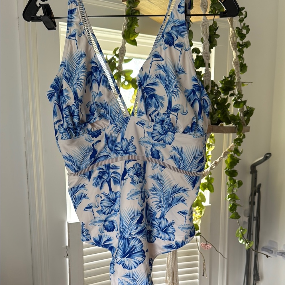Blue and White Tropical Print Swimsuit